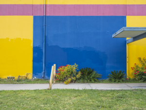 Minimal urban landscape photograph of architecture with brightly colored paint