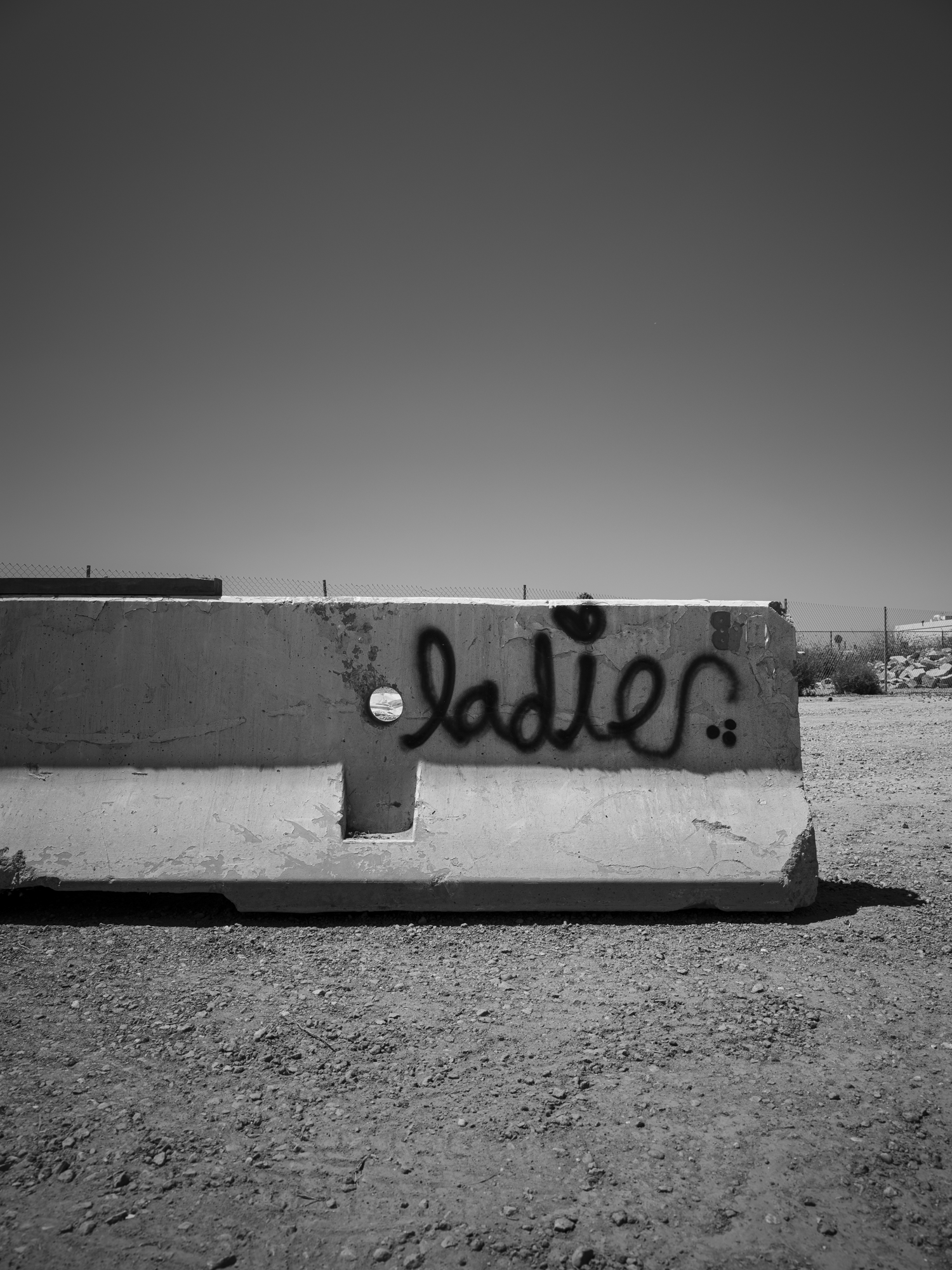 Minimal urban landscape photograph of architecture with spray painted Ladie on a freeway barricade
